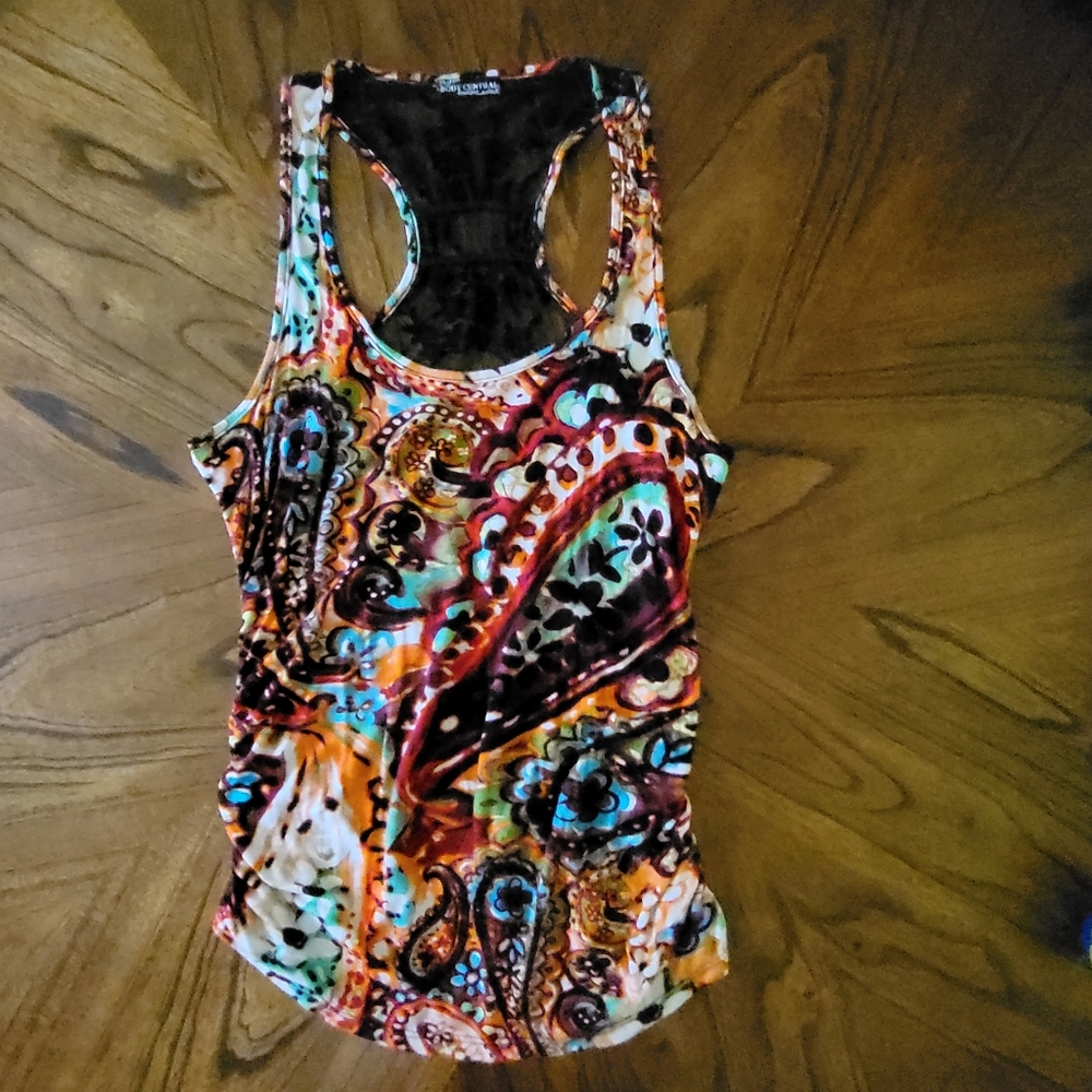 Body Central Boutique Multi-Floral Sheer Lace Back Ruched Sides Racerback Tank